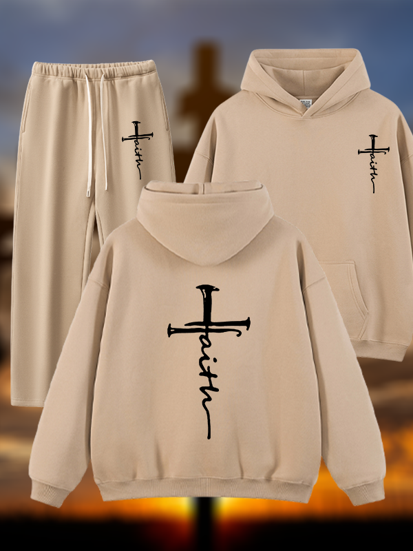 Cross Jesus God Christian Plush Fleece-Lined Hoodie Set