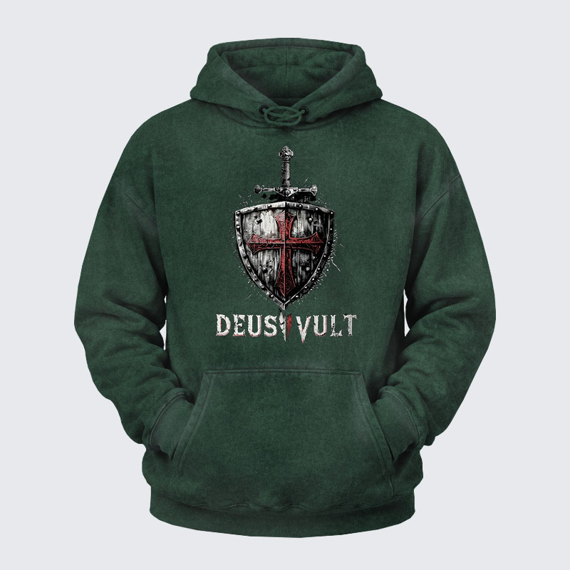 Washed Hoodie - Deus Vult Crusader Shield Templar Cross