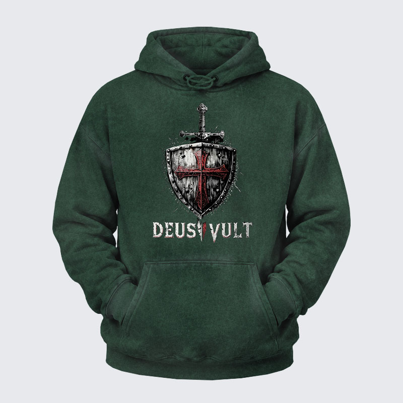 Washed Hoodie - Deus Vult Crusader Shield Templar Cross