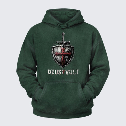 Washed Hoodie - Deus Vult Crusader Shield Templar Cross