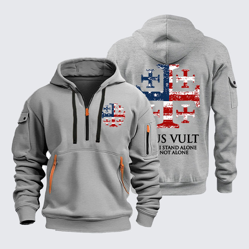 Zipper Hoodies -  Deus Vult Jerusalem Cross Usa Flag Even If I Stand Alone, I Am Not Alone