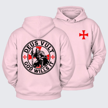 Plush Fleece-Lined Hoodie - Deus Vult Crusader Shield Templar Cross