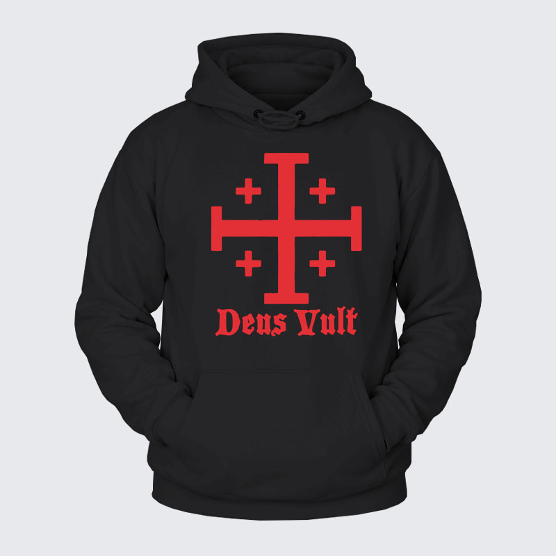 Plush Fleece-Lined Hoodie - Jerusalem Cross Deus Vult