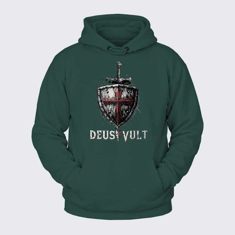 Plush Fleece-Lined Hoodie - Deus Vult Crusader Shield Templar Cross