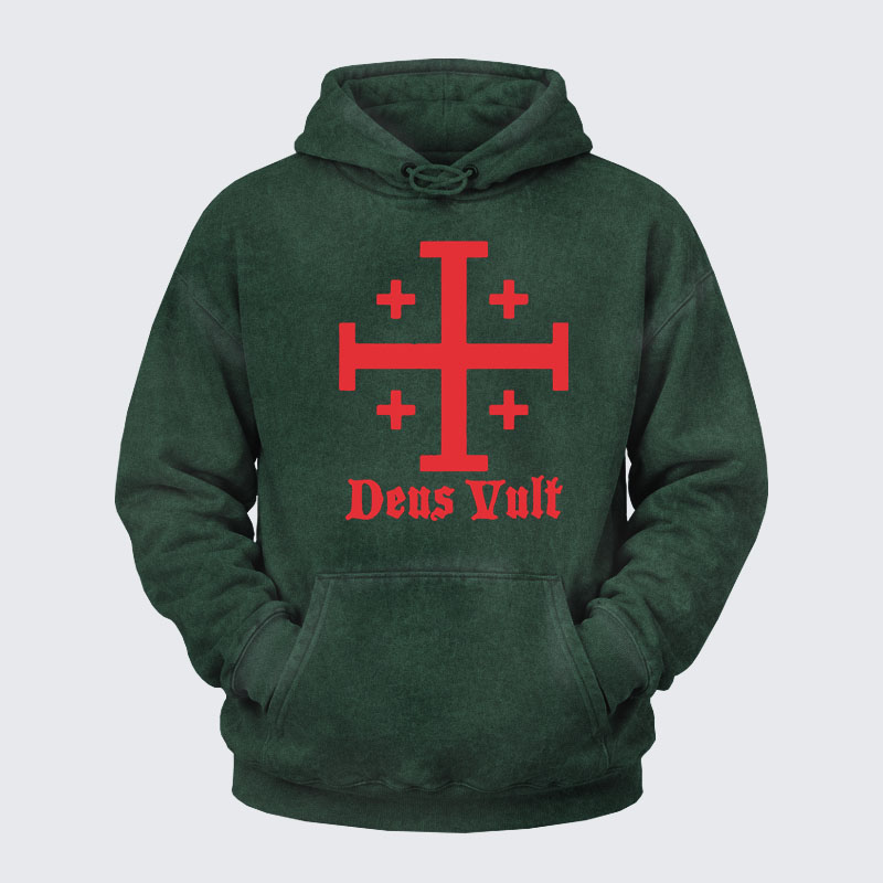 Washed Hoodie - Jerusalem Cross Deus Vult