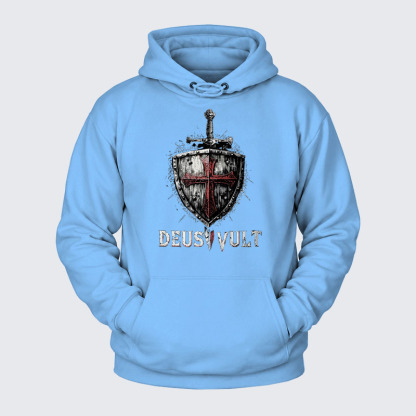 Plush Fleece-Lined Hoodie - Deus Vult Crusader Shield Templar Cross