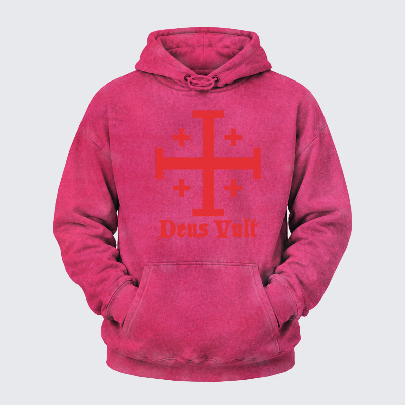 Washed Hoodie - Jerusalem Cross Deus Vult