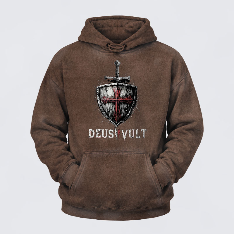 Washed Hoodie - Deus Vult Crusader Shield Templar Cross