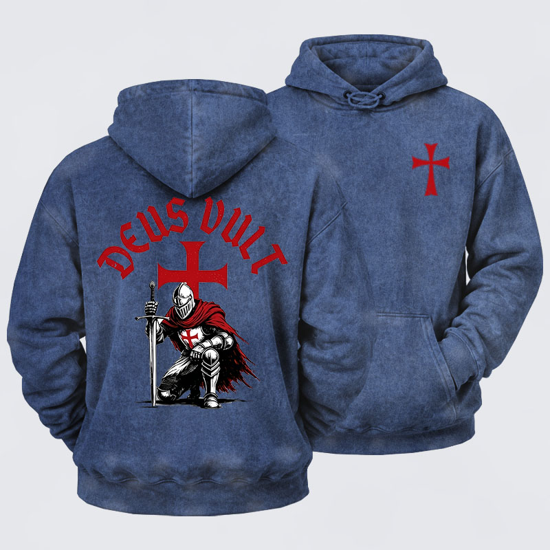 Washed Hoodie - Templar Knight Crusader Deus Vult