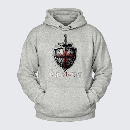 Plush Fleece-Lined Hoodie - Deus Vult Crusader Shield Templar Cross