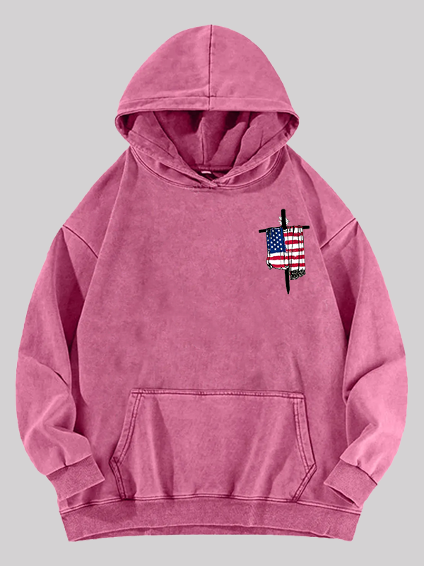 Faith Flag Cross Print  Jesus God Christian Washed Hoodie
