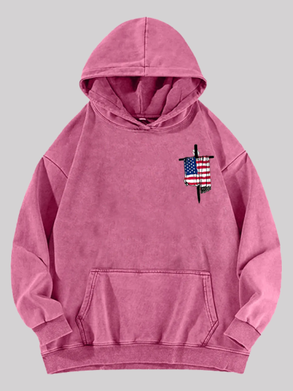 Faith Flag Cross Print  Jesus God Christian Washed Hoodie