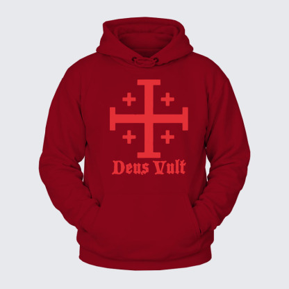 Plush Fleece-Lined Hoodie - Jerusalem Cross Deus Vult
