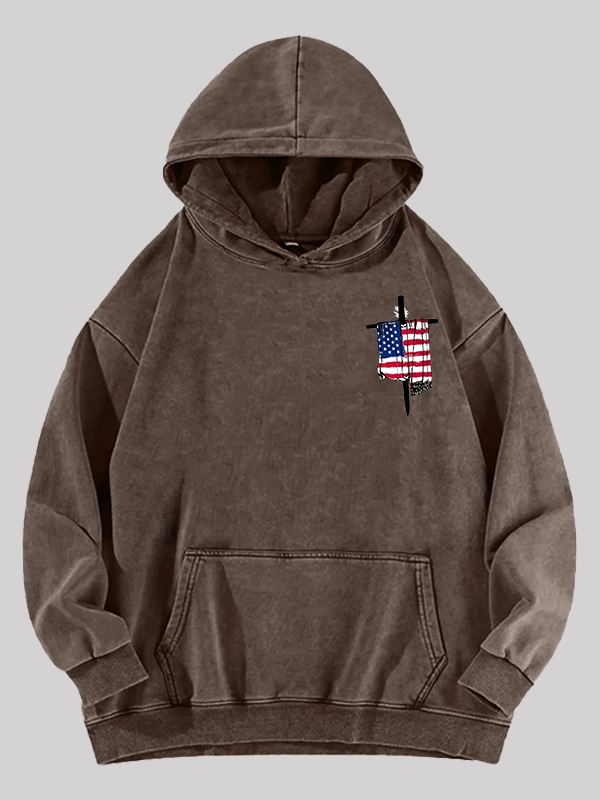 Faith Flag Cross Print  Jesus God Christian Washed Hoodie