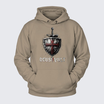 Plush Fleece-Lined Hoodie - Deus Vult Crusader Shield Templar Cross