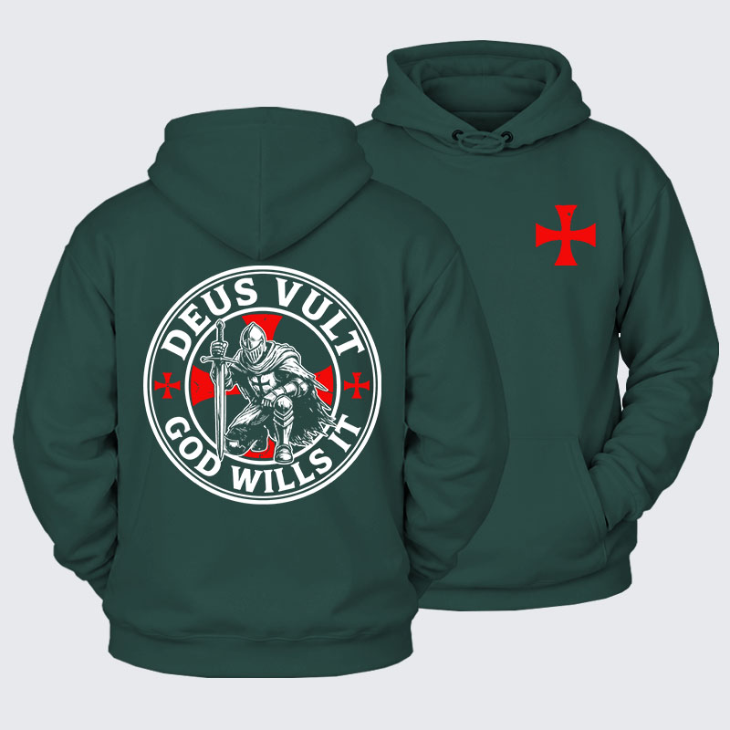 Plush Fleece-Lined Hoodie - Deus Vult Crusader Shield Templar Cross