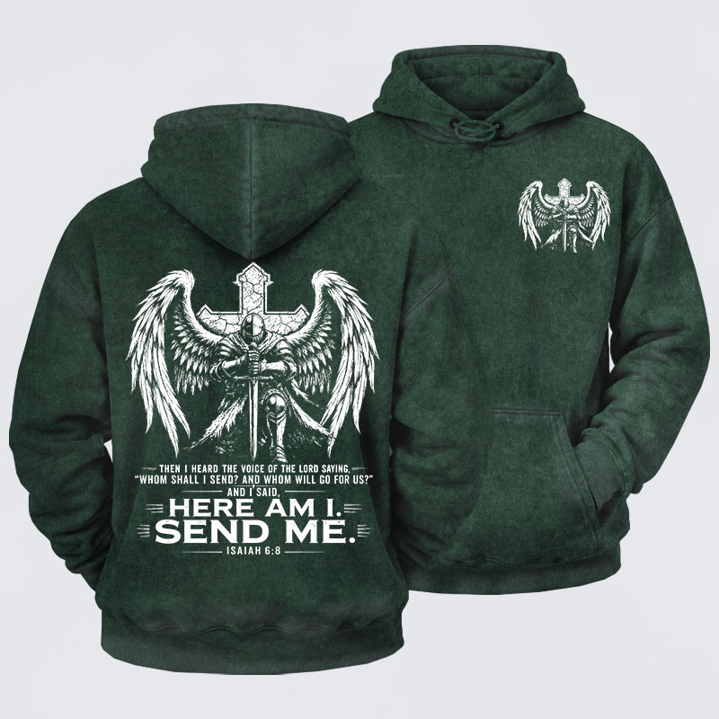 Washed Hoodie -   Here I Am Send Me Isaiah 6:8 Knight Templar Crusader