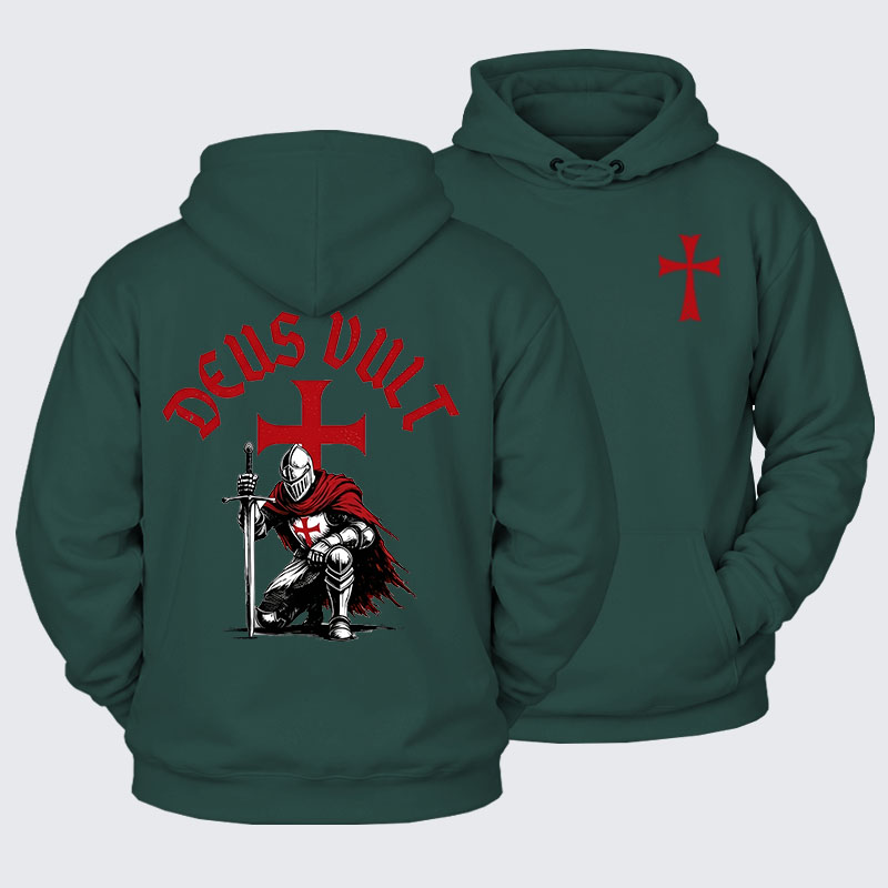 Plush Fleece-Lined Hoodie - Templar Knight Crusader Deus Vult