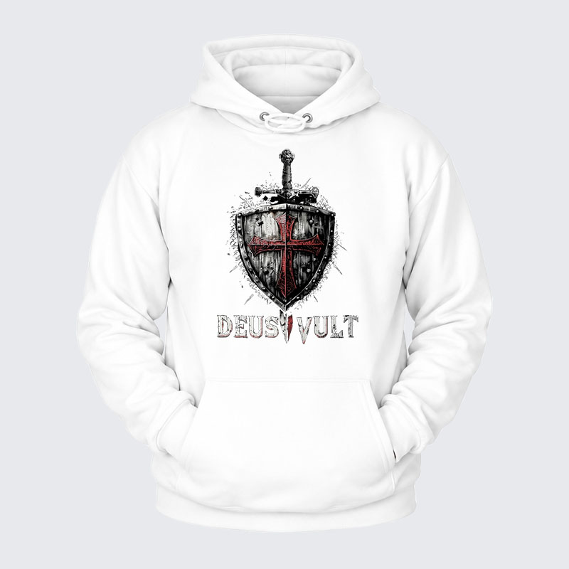 Plush Fleece-Lined Hoodie - Deus Vult Crusader Shield Templar Cross