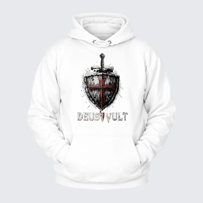 Plush Fleece-Lined Hoodie - Deus Vult Crusader Shield Templar Cross