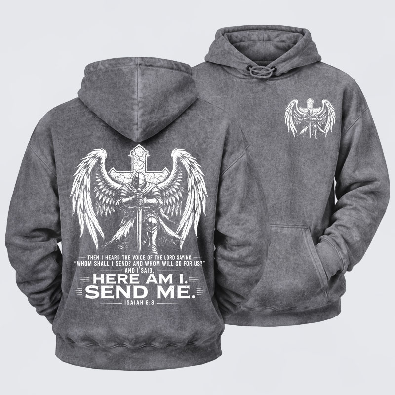 Washed Hoodie -   Here I Am Send Me Isaiah 6:8 Knight Templar Crusader
