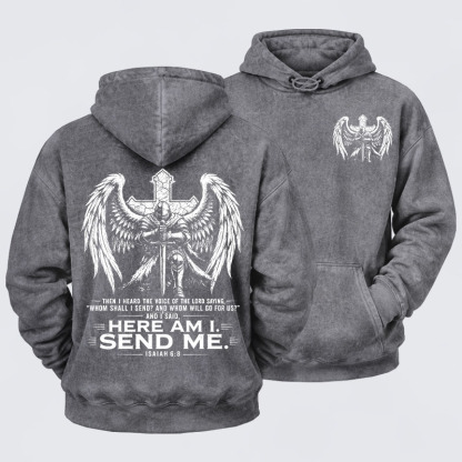 Washed Hoodie -   Here I Am Send Me Isaiah 6:8 Knight Templar Crusader