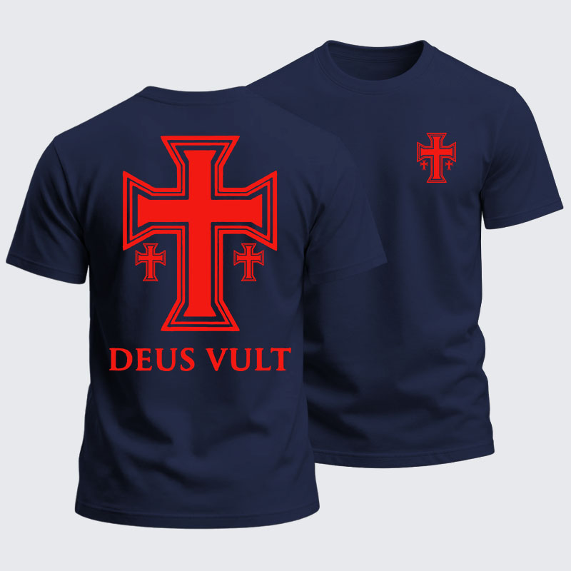 Heavyweight Cotton Tee - Deus Vult Crusader Cross Templar Jerusalem
