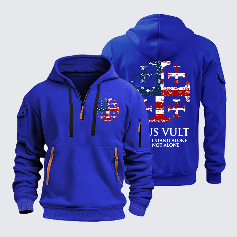 Zipper Hoodies -  Deus Vult Jerusalem Cross Usa Flag Even If I Stand Alone, I Am Not Alone