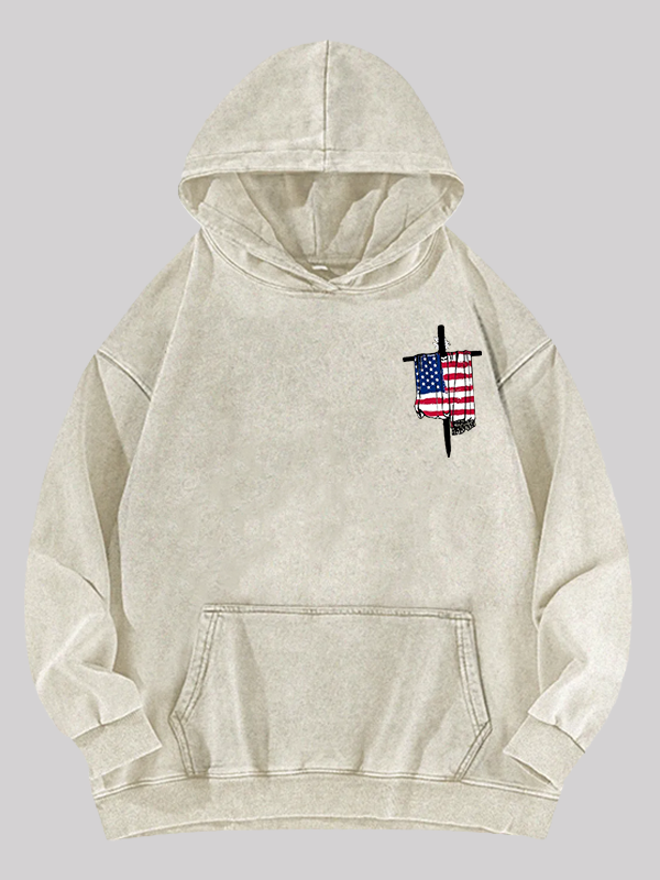 Faith Flag Cross Print  Jesus God Christian Washed Hoodie