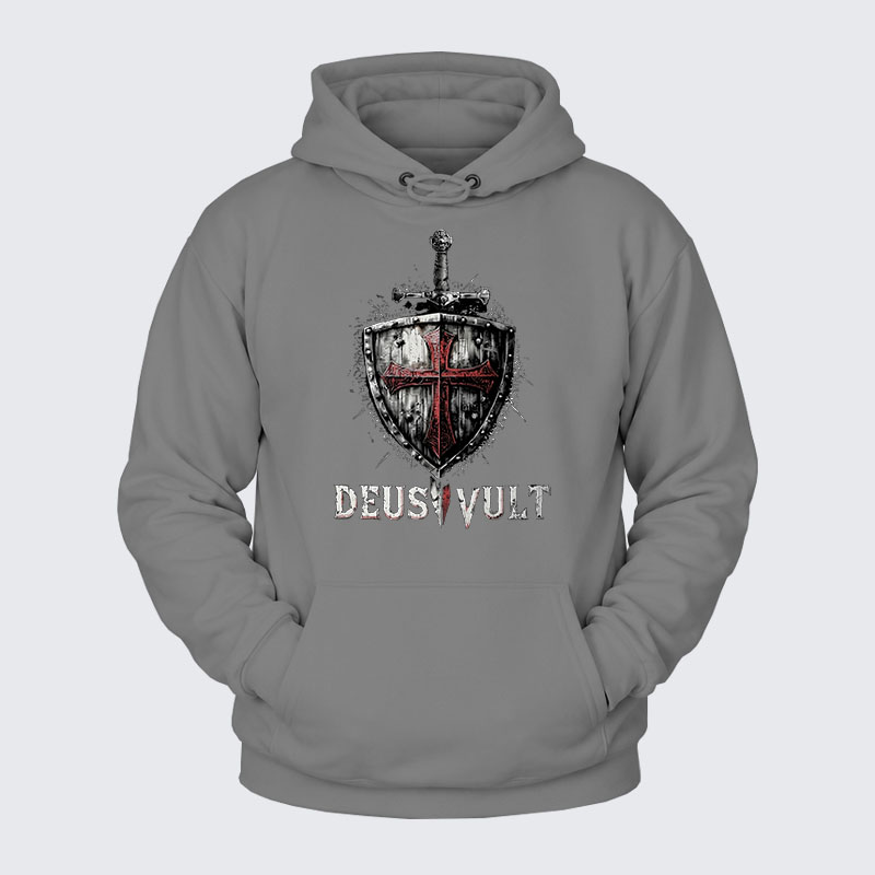 Plush Fleece-Lined Hoodie - Deus Vult Crusader Shield Templar Cross