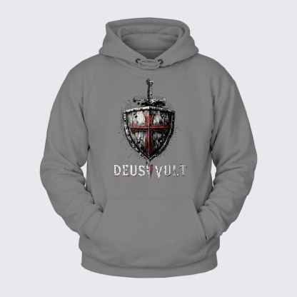 Plush Fleece-Lined Hoodie - Deus Vult Crusader Shield Templar Cross