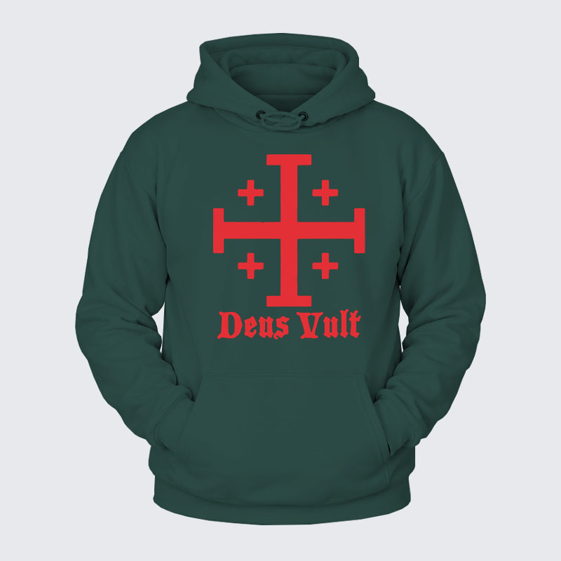 Plush Fleece-Lined Hoodie - Jerusalem Cross Deus Vult