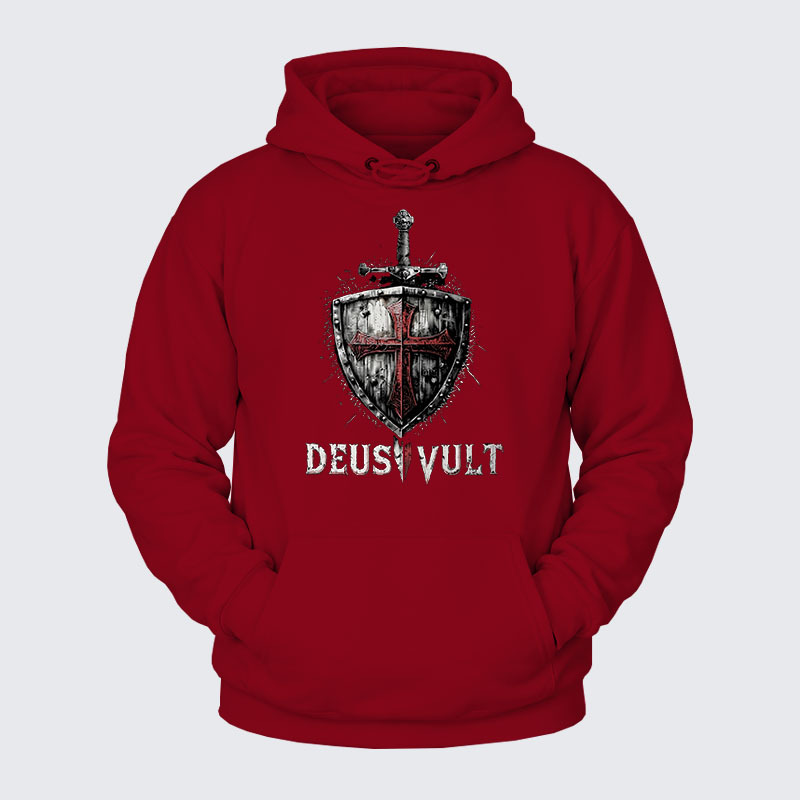 Plush Fleece-Lined Hoodie - Deus Vult Crusader Shield Templar Cross
