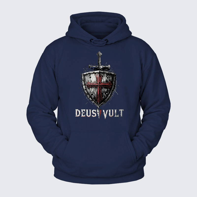Plush Fleece-Lined Hoodie - Deus Vult Crusader Shield Templar Cross
