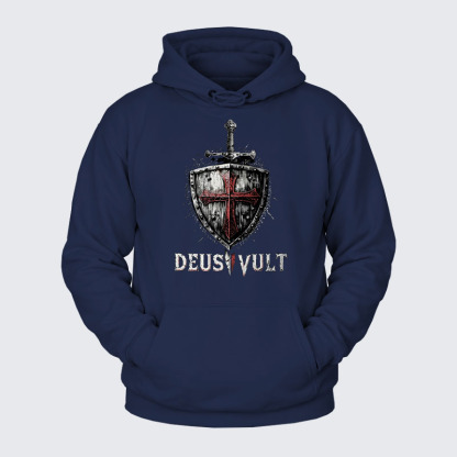 Plush Fleece-Lined Hoodie - Deus Vult Crusader Shield Templar Cross