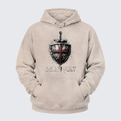 Washed Hoodie - Deus Vult Crusader Shield Templar Cross