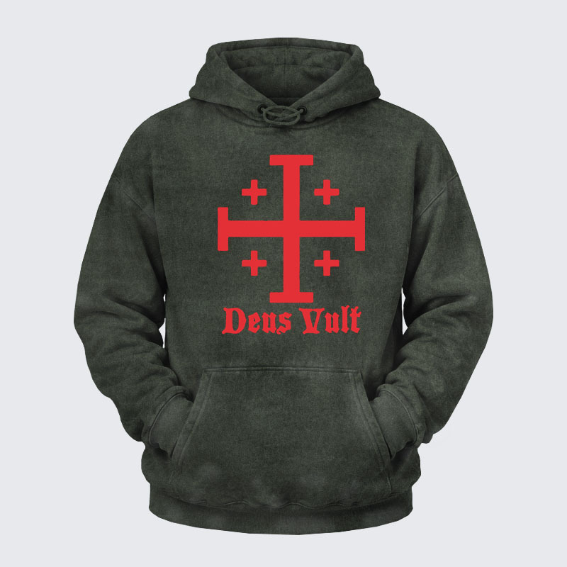 Washed Hoodie - Jerusalem Cross Deus Vult