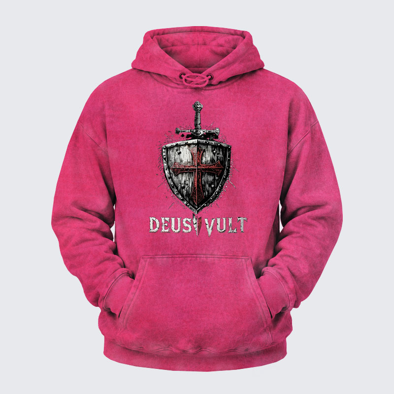 Washed Hoodie - Deus Vult Crusader Shield Templar Cross