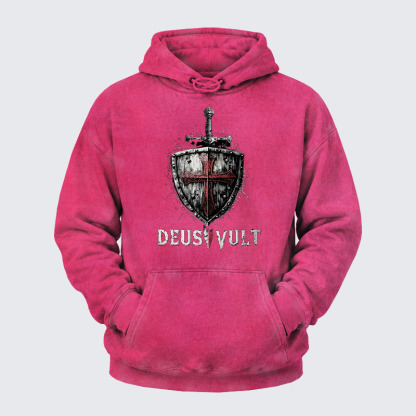 Washed Hoodie - Deus Vult Crusader Shield Templar Cross