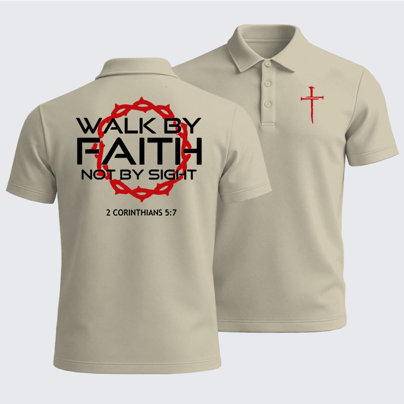 Men’s Premium Cotton Polo Shirt - Walk By Faith Not By Sight 2 Corinthians 5:7 Cross