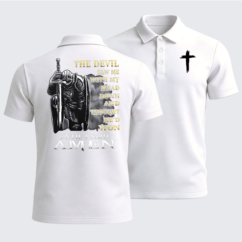 Men’s Premium Cotton Polo Shirt - The Devil Saw Me with My Head Down and Thought He'd Won Until I Said Amen