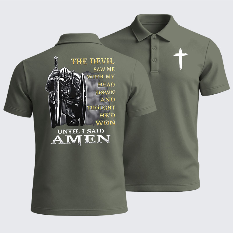 Men’s Premium Cotton Polo Shirt - The Devil Saw Me with My Head Down and Thought He'd Won Until I Said Amen
