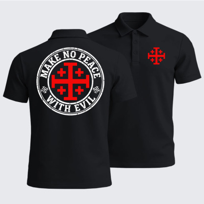 Men’s Premium Cotton Polo Shirt -  Make No Peace with Evil Knight Templar Jerusalem Cross