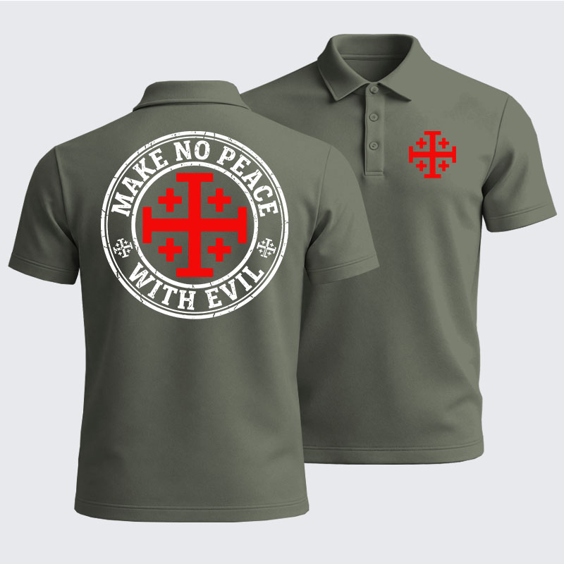 Men’s Premium Cotton Polo Shirt -  Make No Peace with Evil Knight Templar Jerusalem Cross