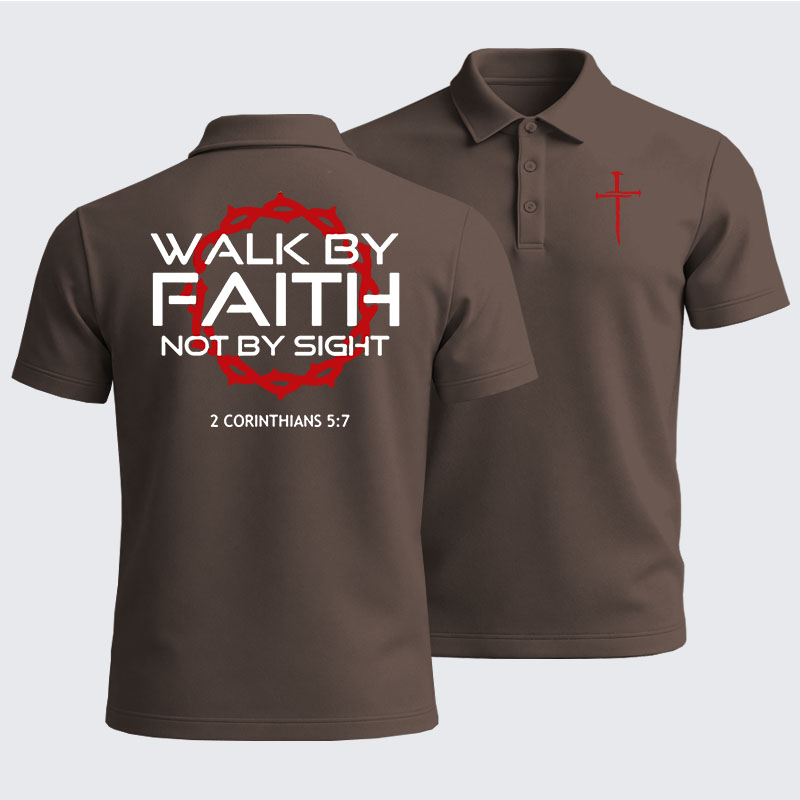 Men’s Premium Cotton Polo Shirt - Walk By Faith Not By Sight 2 Corinthians 5:7 Cross