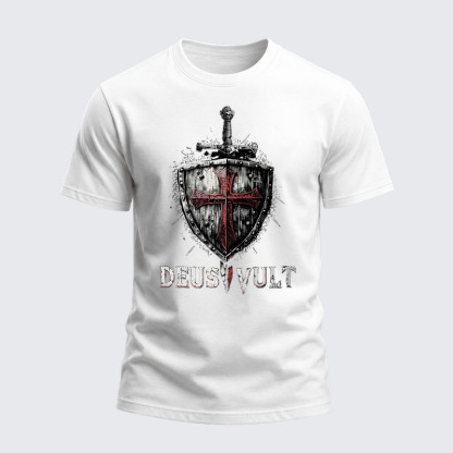 Heavyweight Cotton Tee - Deus Vult Crusader Shield Templar Cross