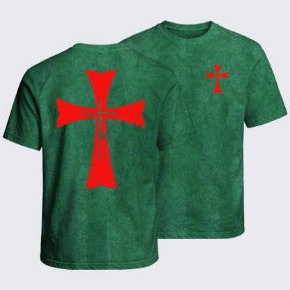 Washed T-Shirt - Deus Vult Crusader Shield Templar Cross