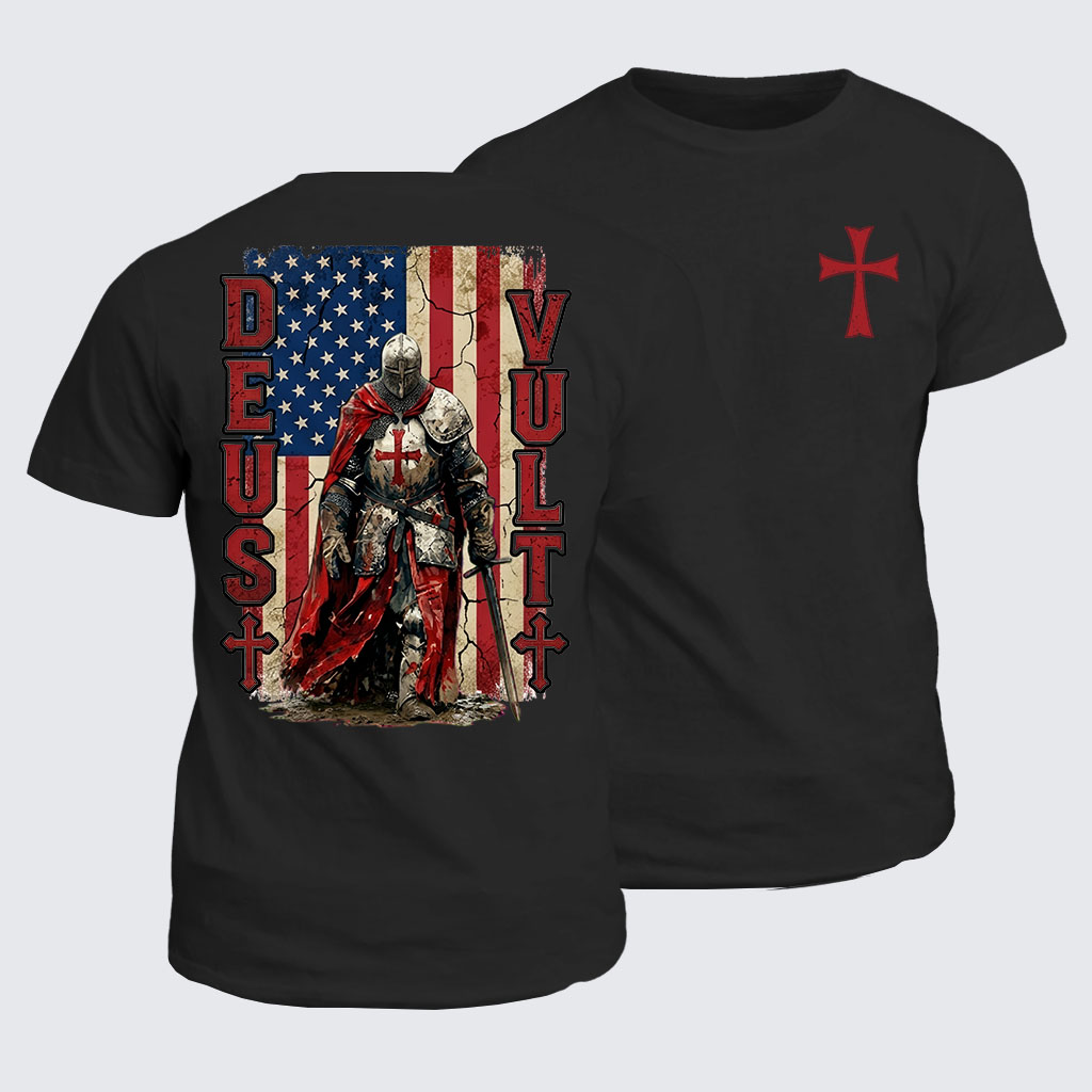 Classic Cotton Tee -  Deus Vult Knight Templar American Flag Crusader