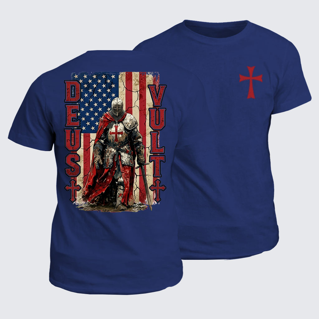 Classic Cotton Tee -  Deus Vult Knight Templar American Flag Crusader