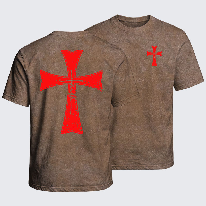 Washed T-Shirt - Deus Vult Crusader Shield Templar Cross